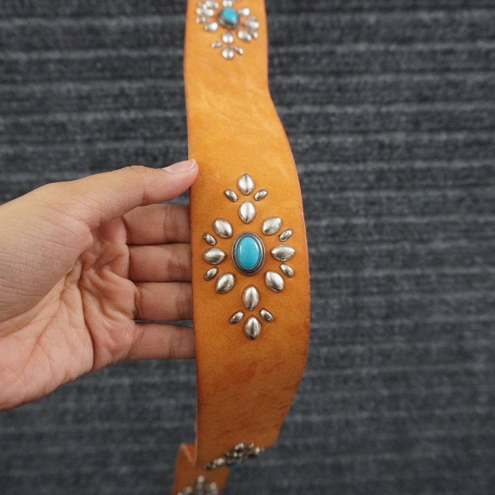 Sundance Leather Belt Women Medium Tan Turquoise Studded Western Italy